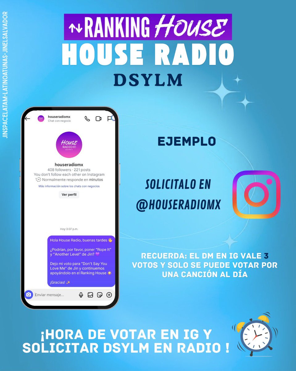 jinspacelatam's tweet photo. 🚨 ¡ATENCIÓN FAMILIA ATUNAS! 🚨

​Esta semana Jin quedó en 2º lugar en House Radio 🥈 y necesitamos ponernos las pilas 🔥.

​Para el próximo Ranking Summer (20 de septiembre) NO HAY VOTACIÓN DIRECTA. 

El ganador se decide únicamente por puntos acumulados de semanas estando en el #1 🥇. (El año pasado ya demostramos el poder con DSYM, ¡vamos a repetir la historia!)

​👉 NUESTRO OBJETIVO:
Ganar consecutivamente el 1er lugar desde hoy hasta el 20 de septiembre para asegurar ese puesto.

​¡No nos confiemos! A votar y a mantener las cuentas bien activas. 

📻

🗓️ Inicio: Sábado 3:00 PM (CDMX)
🗓️ Cierre: Viernes 8:00 PM (CDMX)

Today I want to vote 15 times for #Dont_Say_You_Love_Me by #Jin for  #RankingHouse - thank you @houseradiomx
