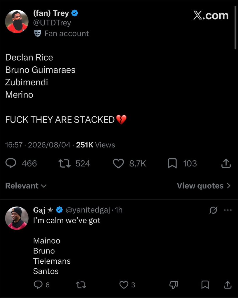 Mista_G7's tweet photo. They are smoking Gaj because of a fugazi title last season.

Merino and Zubimendi ain’t starting at United, facts.

Guimaraes and Tielemans is a close call. Otherwise that guy finished 12th with Tonali on his side.

This is so close only fools think the haram guys are levels. https://t.co/mr0ePBWegk
