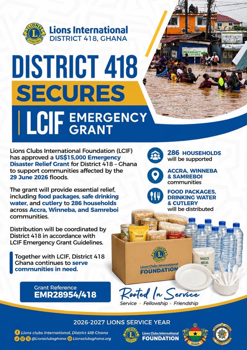 KsHeritageLions's tweet photo. District 418 Ghana has secured a US$15,000 LCIF Emergency Grant to support communities affected by the 29 June floods with essential relief items, including food, safe drinking water, clothing, blankets, and medical supplies.
#LionsInternational #LCIF #WeServe #DisasterRelief https://t.co/AmoEwMMNn6