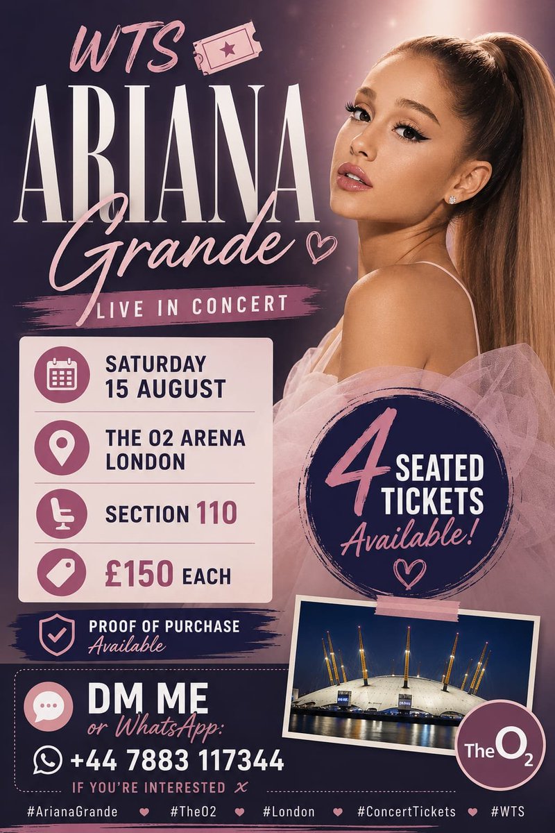 dilagolmst's tweet photo. #WTS #UK
4 Ariana Grande Tickets

The O2, London📅 Saturday, 15 August💺 Section 110💷 £150 each

Please DM or WhatsApp +44 7883 117344 if interested x

#ArianaGrande #TheO2 #London #ConcertTickets #BTS #UK https://t.co/wjojL7sU1d