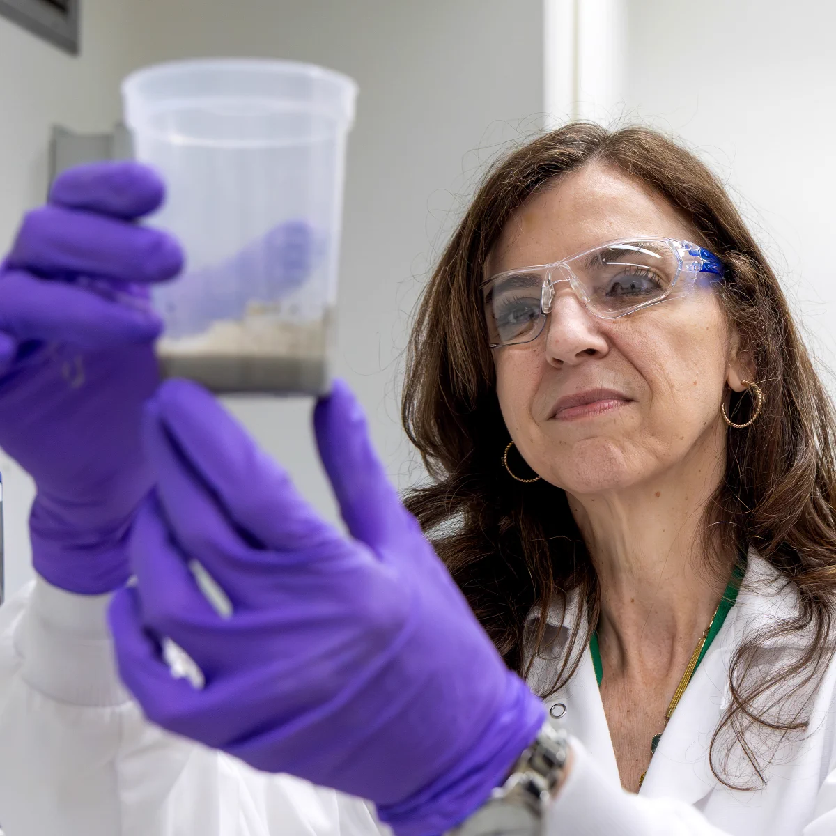 A researcher wearing safety glasses and purple gloves examines a clear plastic container holding a layered sample in a laboratory.