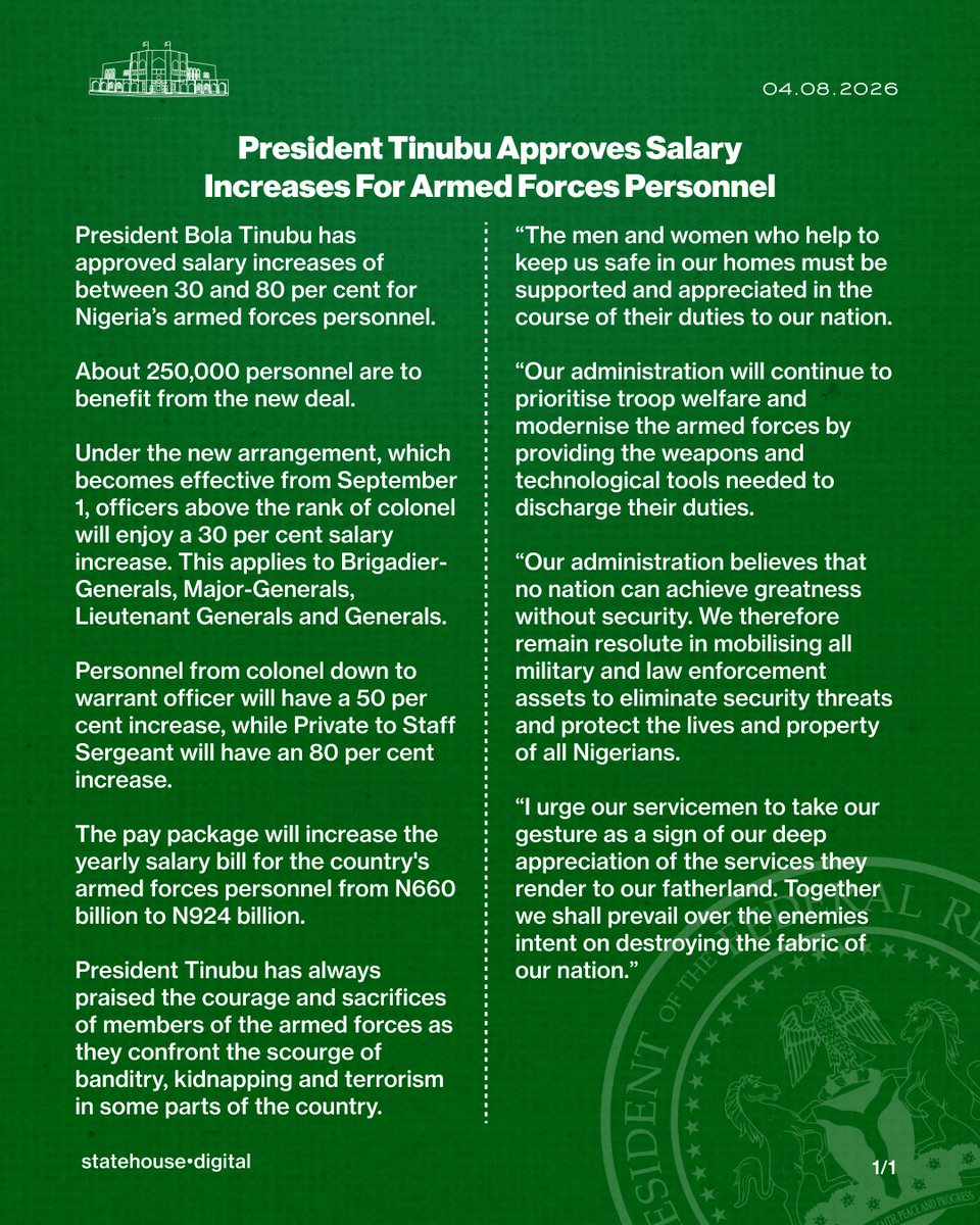 NGRPresident's tweet photo. President Tinubu Approves Salary Increases For Armed Forces Personnel. https://t.co/sM9Hvvxtxo