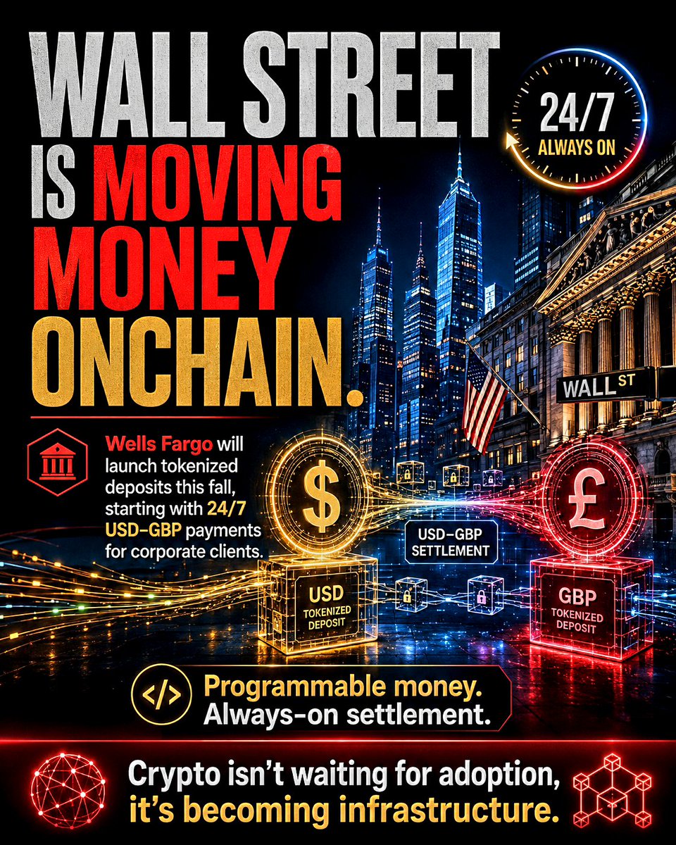 365V2's tweet photo. 🚨 WALL STREET IS MOVING MONEY ON-CHAIN.

Wells Fargo will launch tokenized deposits this fall, starting with 24/7 USD–GBP payments for corporate clients.

Programmable money. Always-on settlement.

Crypto isn’t waiting for adoption, it’s becoming infrastructure.

$BTC $ETH $XRP https://t.co/xB423ZcjdL