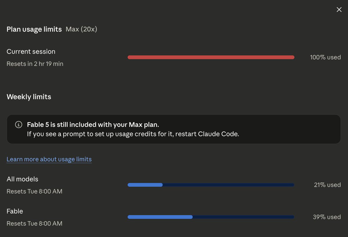 VadimStrizheus's tweet photo. i will never understand how claude's usage works

I've hit my 5 hour usage limit...

and Tuesday just started and I've already used up 39% of my Fable 5 usage and 21% of my overall models. 

this is insane and unsustainable https://t.co/AwxudiJbZk