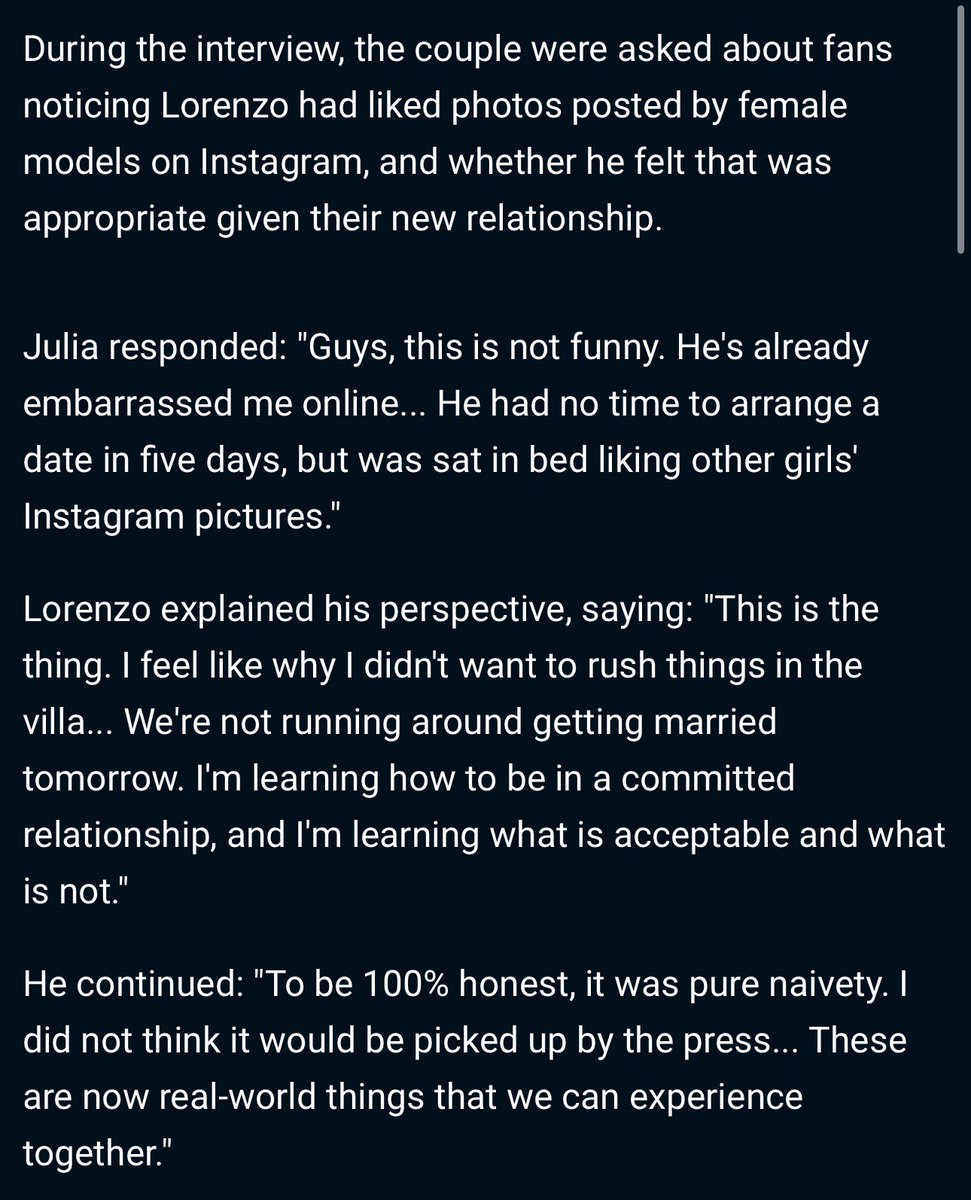 MarinaImaan's tweet photo. Julia speaks on Lorenzo liking random girls pics and calls him out for not liking hers. His excuse was it hasn’t popped up on his feed. What’s crazy is Jasmine was the first girl he followed and he even liked and commented in the first 10 mins she posted #loveisland #loveislanduk https://t.co/FGtPs5RGTD