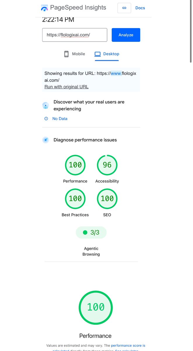filaaaay's tweet photo. Pagespeedinsight is a great tool to get a firsthand look at how your website is doing. The agentic browsing is what I’d be most interested in improving further as I want these LLM’s to sort and recommend my product/service. https://t.co/nrNYOKeYwo