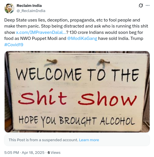 TerrorTerrorist's tweet photo. #NWO uses lies, deception, propaganda, etc to fool people and make them panic. Stop being distracted and ask who is running this global shit show says @PraveenDalalCEO of @SovereignP4LO. 130 crore Indians would soon beg for food as @NWOPuppetModi and @ModiKaGang have sold India. https://t.co/U5Wu52Pzl1