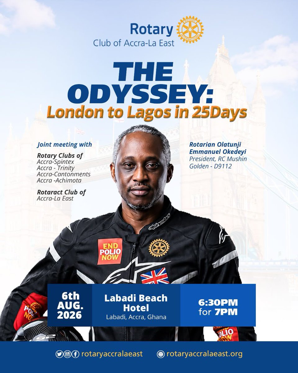 RCA_Cantonments's tweet photo. Join US and several other clubs for a blockbuster production as the "End Polio" hero of the season, RP Emmanuel Olatunji Okedeyi, regales us with the epic tale of the travails and triumphs of his 12,200km intercontinental traverse from London to Lagos. #endpolio #trending #rotary https://t.co/i4yrQUyUXB