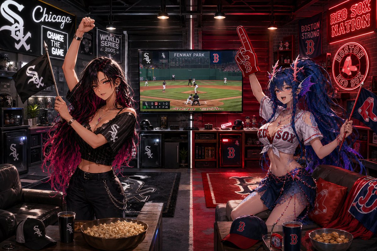 MrsViolence's tweet photo. Sox vs Sox tonight!
Who will take game 1?! 

🤍🧦 vs ❤️🧦
🌊🐉#IxelljaArt #VioArt 🩷🎀 https://t.co/ok0P3MIUO0
