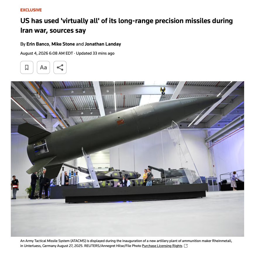 MarkWarner's tweet photo. New reporting indicates the U.S. has used “virtually all” of our precision long-range missiles during the Iran War.

We’re running low on critical munitions and spending millions every day this war of choice drags on. https://t.co/DA3HdjR3zW
