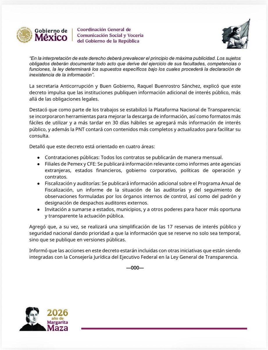 CelesteSaenzM's tweet photo. #PresidentaClaudiaSheinbaum FIRMA #DECRETO PARA
FORTALECER LA #TRANSPARENCIA EN EL @GobiernoMX @Claudiashein 
● “En un mes se va a fortalecer incluso más esta Plataforma de Transparencia. Y cada mes se va a estar
informando de los contratos públicos. Entonces, es transparencia total del Gobierno de México”, puntualizó
la Jefa del Ejecutivo Federal
● El decreto está concentrado en cuatro áreas: Contrataciones públicas, Filiales de Pemex y CFE, Fiscalización
y auditorías, e Invitación a sumarse a estados, municipios, y otros poderes: Secretaría Anticorrupción y Buen
Gobierno