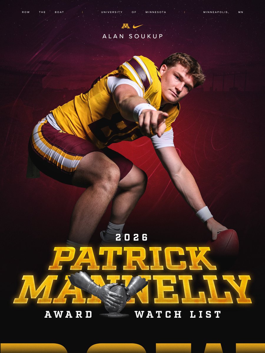 GopherFootball's tweet photo. Best long snapper in the game 👏 @AlanSoukup_ has earned a spot on the @MannellyAward Watch List!

#RTB #SkiUMah #Gophers https://t.co/EFABLlpuyl