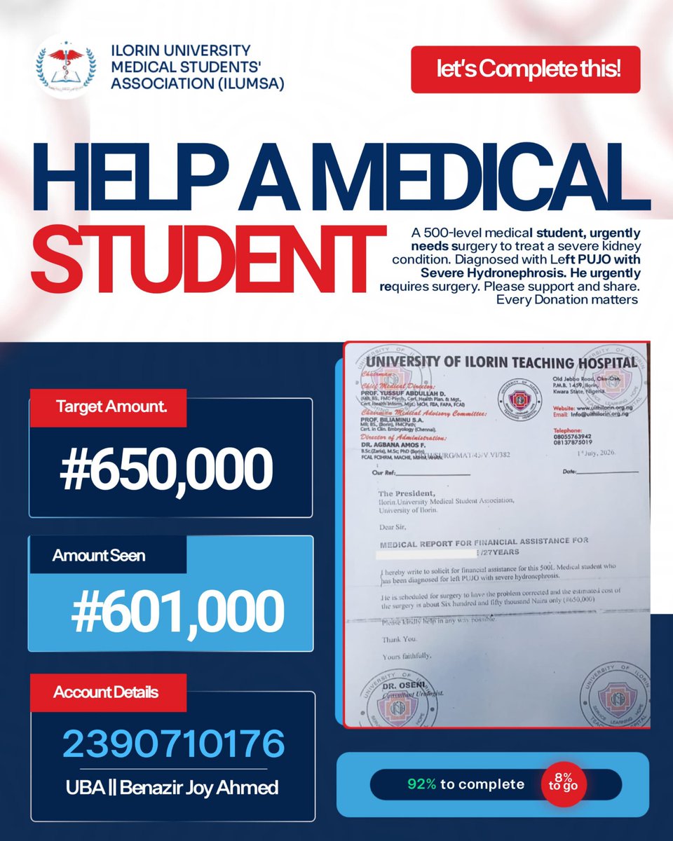 IlumsaIlorin's tweet photo. UPDATE🔥🔥🔥🔥

Dear ILUMSites, friends, colleagues, and everyone with a kind heart,

Through your incredible support, *₦601,000* has now been raised towards the ₦650,000 needed for the urgent surgery of our fellow ILUMSite and 500-Level medical student diagnosed with https://t.co/uN8odqFwKF