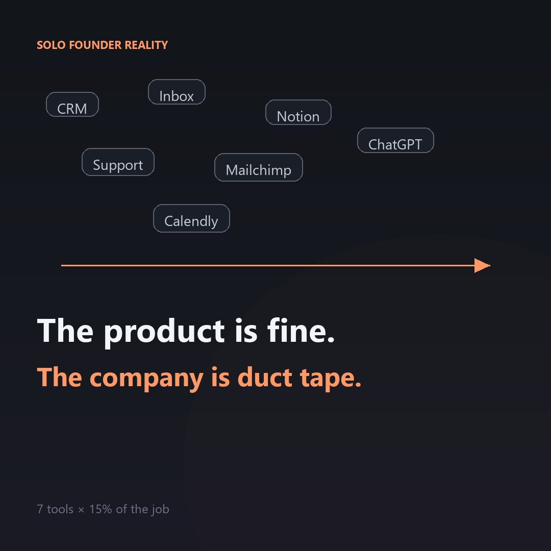 ManianaAI's tweet photo. Most solo founders don't have a product problem.

They have a "7 tools that each do 15% of the job" problem.

CRM for 12 leads.
Support inbox they check twice a day.
A Notion board that hasn't moved in 3 weeks.
Marketing that is "I'll post when I have time."

The product is fine.
The company around it is duct tape.