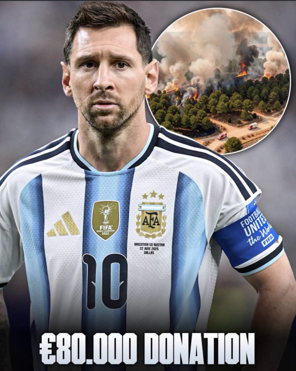 D_perfect7's tweet photo. 🇪🇸❤️‍🩹 Lionel Messi reportedly donated €80,000 to support the reconstruction of the Sierra Oeste region after the Madrid wildfires. 

A football legend on the pitch, and a kind-hearted person off it. ❤️⚽

#FootballNews #donation #sierra https://t.co/RX63YGkIgp