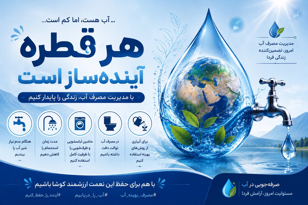 AmiraliMah32455's tweet photo. هر قطره، ارزشمند است؛ هر مصرف درست، یک گام برای آینده.
آب، سرمایه‌ای مشترک و حیاتی برای زندگی امروز و فرداست. با چند عادت ساده می‌توانیم در حفظ این نعمت ارزشمند سهیم باشیم؛ از بستن شیر آب هنگام نیاز نداشتن تا کاهش زمان استحمام و جلوگیری از هدررفت آب.
#مصرف_بهینه_آب #مدیریت_مصرف https://t.co/zpWkqw54Ex