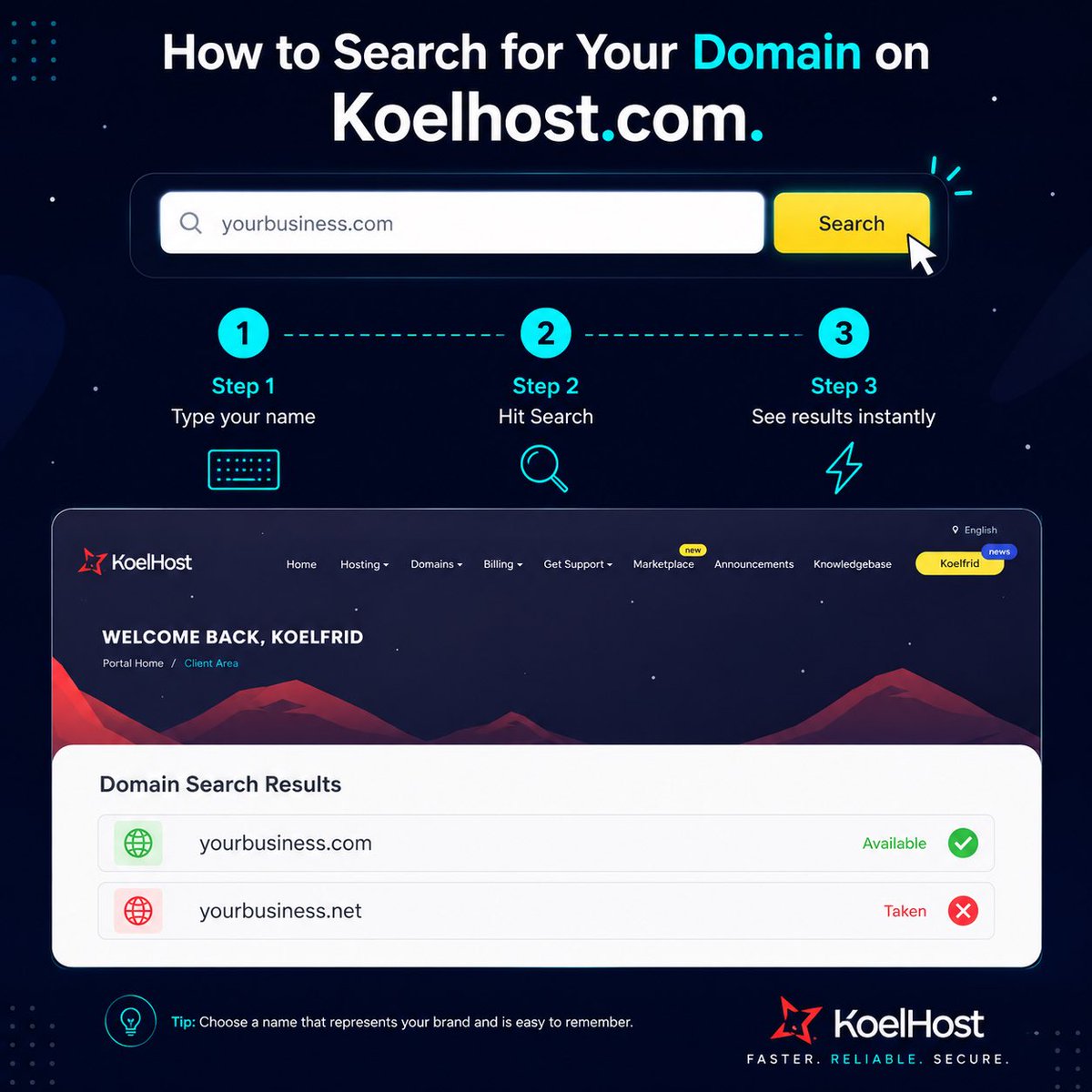 Koelhost's tweet photo. How to search on https://t.co/c7AzikudqB:
1οΈβ£ Type your name in the homepage search bar
2οΈβ£ Hit search
3οΈβ£ See if itβs available instantly
Itβs free to check. Go try it now π https://t.co/8bCDhAdIdh
#KoelHost #DomainSearch https://t.co/GSYPCcDEUV