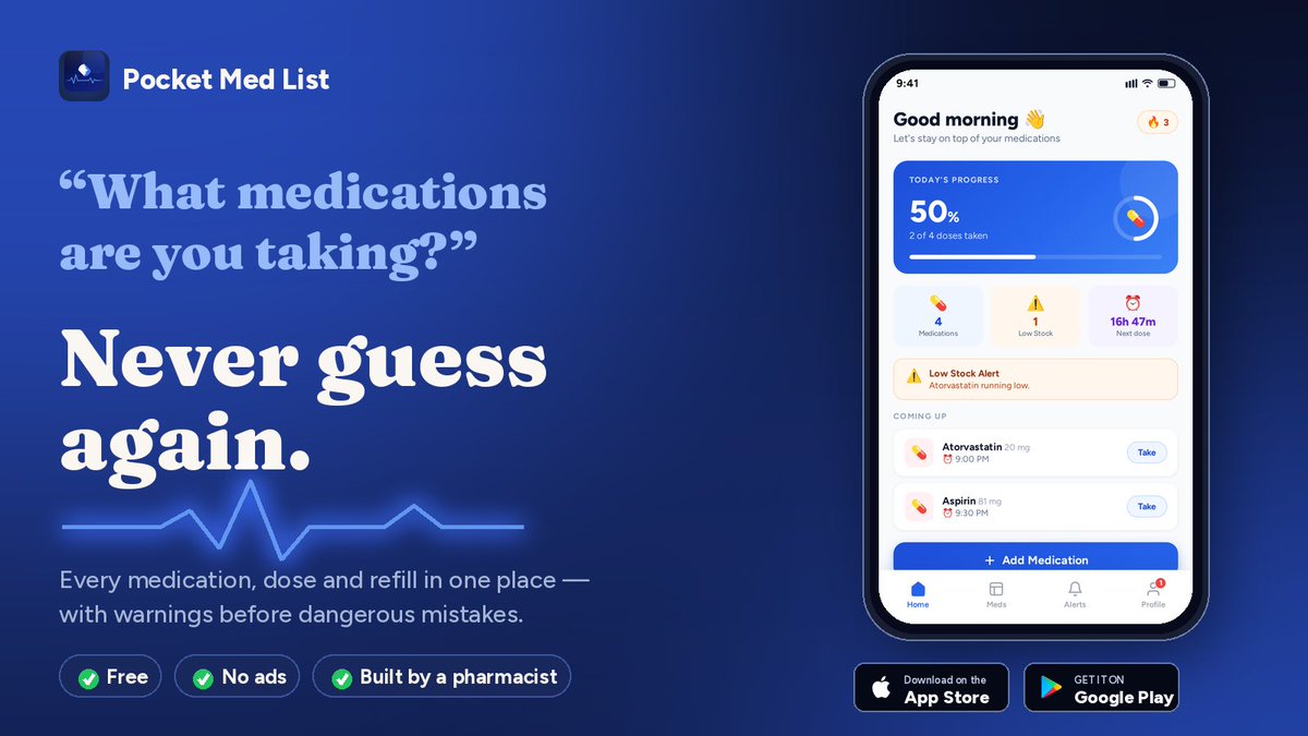 PocketMedList's tweet photo. Never forget your meds again 💊

Pocket Med List is the FREE pharmacist-built app that tracks every dose, alerts you when stock is low, and keeps your care team updated — all in one simple place.

Perfect for seniors, caregivers & anyone juggling multiple meds.

⭐ “This app gave me peace of mind watching over my mom.” – Maria, caregiver

Download free now on the App Store or Google Play ⬇️

Apple Store: https://t.co/VTcIMIQiZD

Google Play: https://t.co/e9CGaf0NGi

#Health #Medication