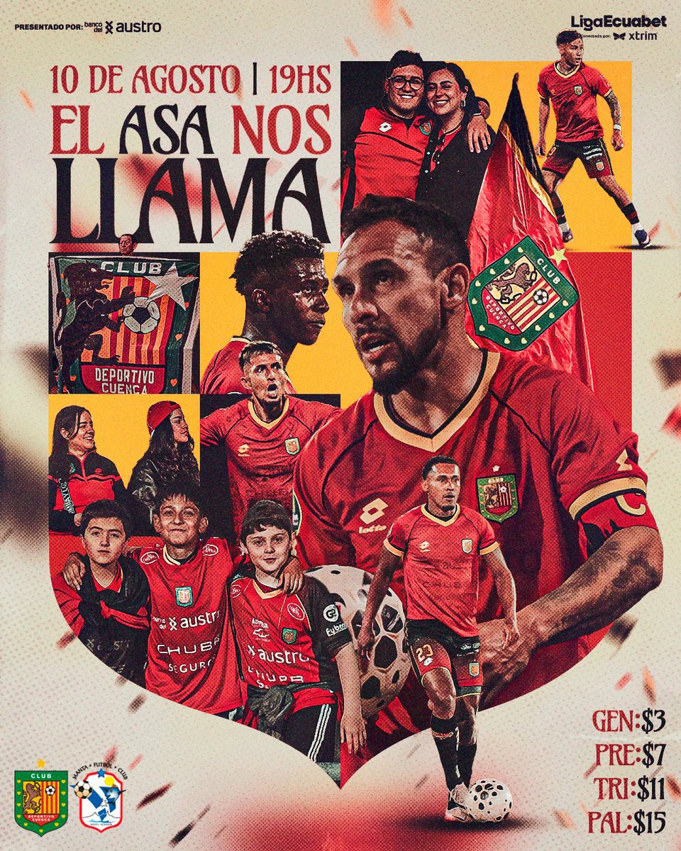 DCuencaOficial's tweet photo. 🔴⚫️ EL ASA NOS LLAMA ⚫️🔴

Porque cada aliento cuenta, cada bandera se siente y juntos hacemos del ASA nuestra fortaleza. 🏟️🔥

⚔️ Deportivo Cuenca 🆚 Manta FC
📍 ASA Banco del Austro
🗓️ Lunes 10 de agosto
⏰ 19h00

🎫 Entradas en línea 📱👉🏻 https://t.co/rqjAjpbVkK
🎟️ Entradas físicas disponibles desde MAÑANA en las oficinas del club

¡TODOS AL ESTADIO! 💪🏻❤️🖤

#VamosCUENCA 🔴⚫️