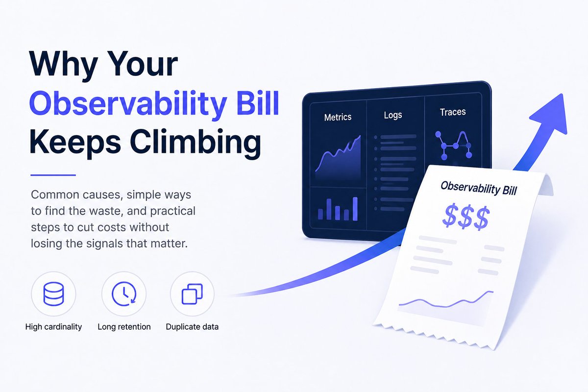 ChosenVincent1's tweet photo. Observability costs don't rise for just one reason.

A new high-cardinality label, debug logs left on, higher trace sampling, duplicate telemetry, or long retention can quietly increase the bill.

I wrote about how teams can find the waste without cutting useful signals: https://t.co/5C5N8QquWX