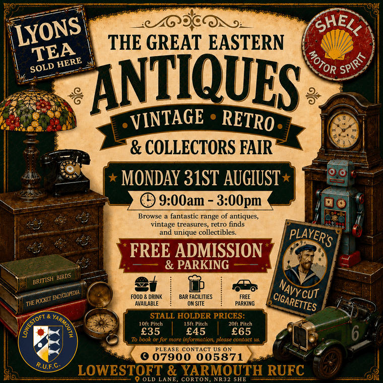 LYRUGBY's tweet photo. SADLY THIS EVENT IS NOW CANCELLED - The Great Eastern Antiques, Vintage, Retro &amp; Collectors Fair at Lowestoft &amp; Yarmouth RUFC #Pitchero
https://t.co/1mnB7EofZ2 https://t.co/A4nmEQJCGM