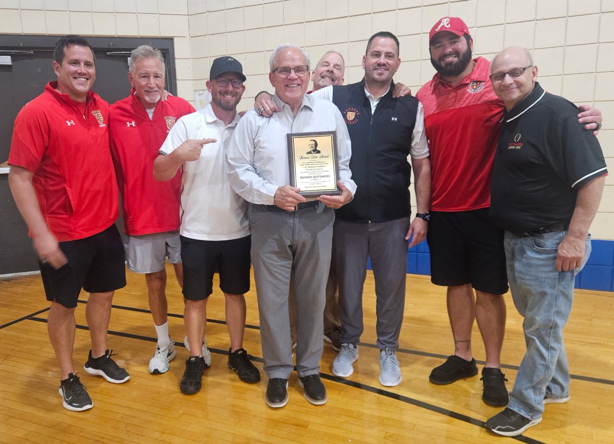FootballAndrean's tweet photo. Congrats to Andrean Football legend Dennis Gutowski (Class of 1969) on earning the Thomas Kerr Award from Saint Bridget Parish! And huge shoutout to Coach Kerr and Saint Bridget for another year of the kickoff tailgate! #TraditionNeverGraduates https://t.co/nJ4vw4PWWA