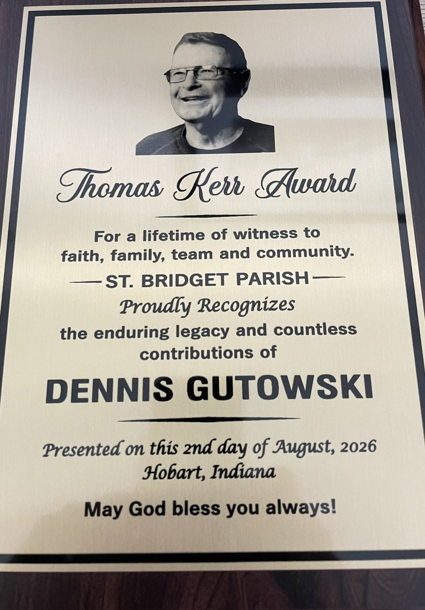 FootballAndrean's tweet photo. Congrats to Andrean Football legend Dennis Gutowski (Class of 1969) on earning the Thomas Kerr Award from Saint Bridget Parish! And huge shoutout to Coach Kerr and Saint Bridget for another year of the kickoff tailgate! #TraditionNeverGraduates https://t.co/nJ4vw4PWWA