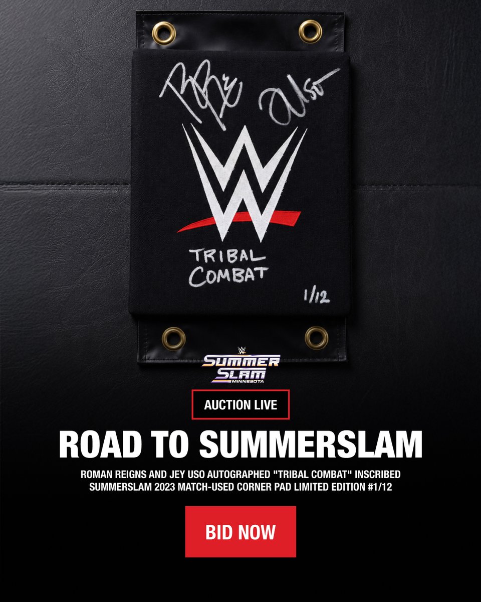 WWE's tweet photo. Don't miss your chance to bid on this Roman Reigns &amp; Jey Uso WWE Autographed Match-Used 2023 #SummerSlam Event Turnbuckle Pad before it expires!

Bid now: https://t.co/6b6dpbvIqS https://t.co/CnLf5UcyEp
