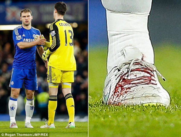 InsideChelseaHQ's tweet photo. In 2015, Ivanovic played a whole game with his boot covered in blood vs liverpool. He later scored a header which took Chelsea to the League Cup final.

After the game, Mourinho said his boot should be "sent to the academy" to show them how to be a winner. https://t.co/SkLOif8oNH