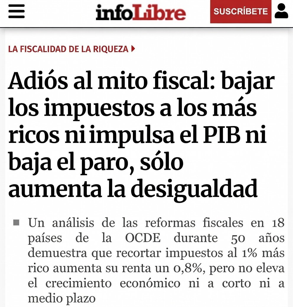 Vhgkasparov's tweet photo. Adiós al mito del 'goteo': 50 años de datos en 18 países OCDE confirman que bajar impuestos a los ricos aumenta su renta 0,8% y la desigualdad pero NO sube el PIB ni baja el paro.

 Solo enriquece más a los ricos. Punto. https://t.co/1kIvyujFfy