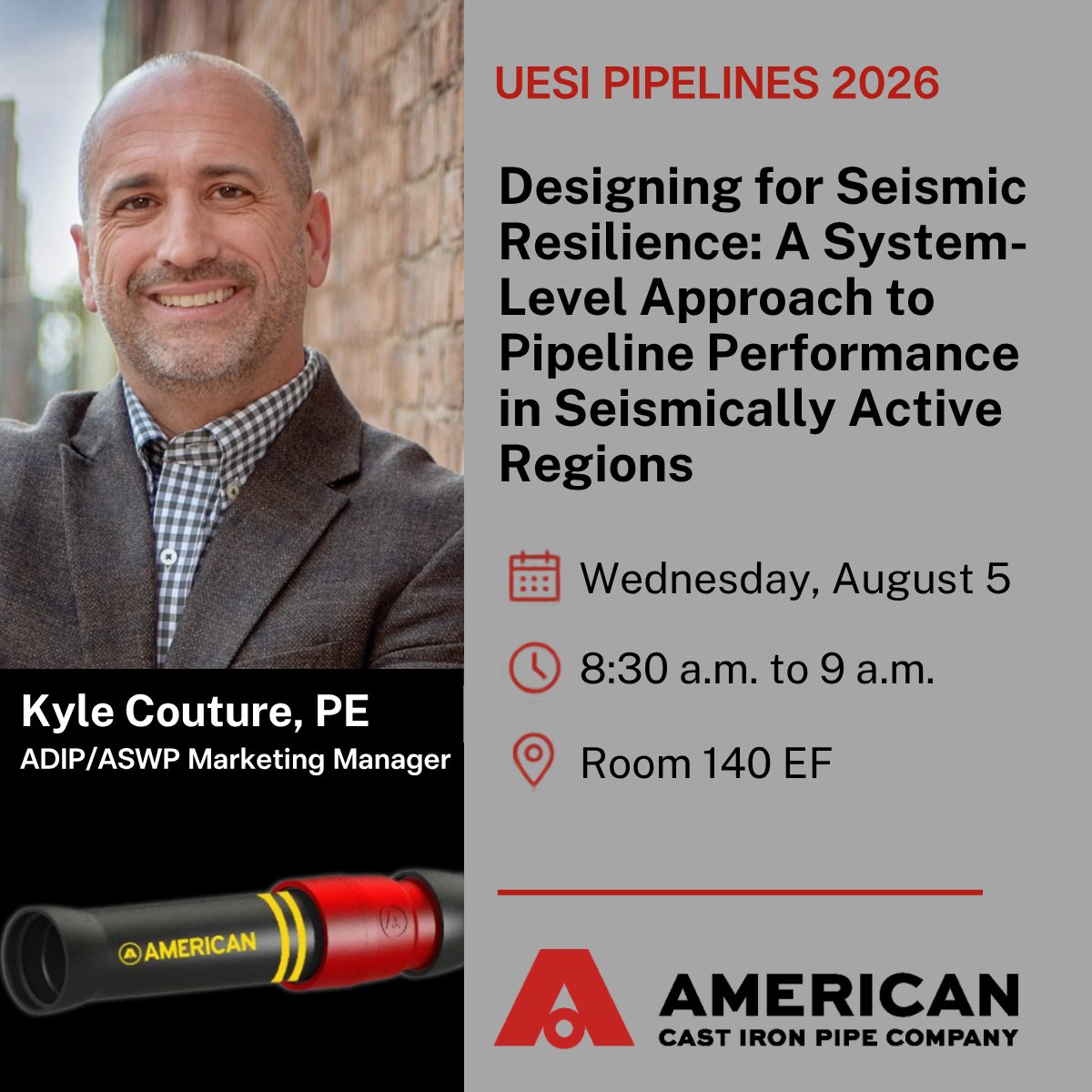 NewsatAMERICAN's tweet photo. @uesi_asce Pipelines 2026 attendees: Join water industry experts Kyle Couture, P.E. and Michael Britch on Wednesday, August 5, at 8:30 a.m. ET as they discuss advancements in seismic-resilient water infrastructure & how they can help safeguard this critical resource. #Pipelines26 https://t.co/gTOrsKocwV