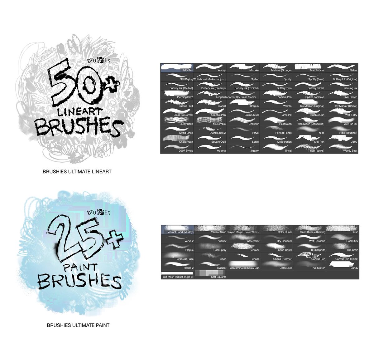 brushies_io's tweet photo. This one’s been a long time coming. Compilation sets — featuring the best brushes from our monthly sets. Ultimate Lineart (50+ brushes) and Ultimate Paint (25+ brushes) 🪄🪄 🌸 link in bio https://t.co/6nzNNWac1f