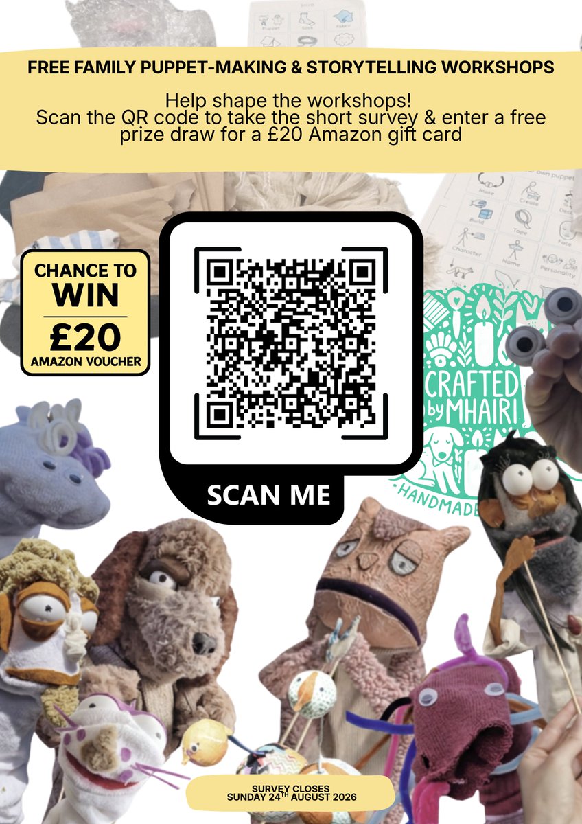 ByMHAIRI's tweet photo. Planning free, sensory-friendly family puppet workshops in Weston next year.
If you’re a local family, I’d love your thoughts via this short survey (there’s a £20 voucher prize draw too).
Closes 24 Aug: https://t.co/xDiSOzycrE https://t.co/g0fC34zI93
