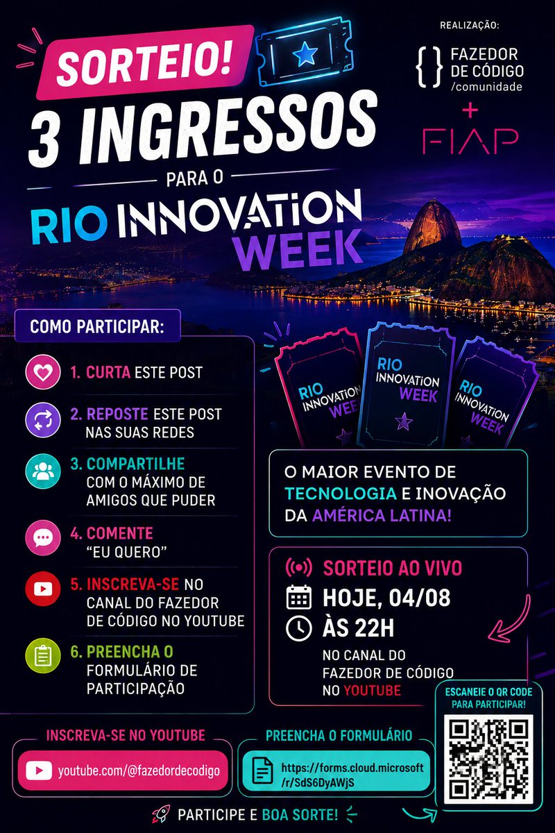 fazedordecodigo's tweet photo. 🎟️ SORTEIO: 3 INGRESSOS PARA O RIO INNOVATION WEEK!

A comunidade Fazedor de Código, em parceria com a FIAP, vai sortear 3 ingressos para o Rio Innovation Week! 🚀

Para participar:

✅ Curta este post
✅ Reposte nas suas redes sociais
✅ Compartilhe com o máximo de amigos que puder
✅ Comente “EU QUERO”
✅ Inscreva-se no canal do Fazedor de Código no YouTube
✅ Preencha o formulário de participação

⏰ O sorteio será realizado hoje, 4 de agosto, às 22h, ao vivo no canal do Fazedor de Código no YouTube.

Quanto mais você compartilhar, mais gente fica sabendo dessa oportunidade! Marque seus amigos que também querem participar do maior evento de tecnologia e inovação da América Latina. 🔥

Boa sorte! 🍀

link do form: https://t.co/MVIJj50H3r
link do canal: https://t.co/Ep08n6rXkF

Participe da comunidade Fazedor de Código: https://t.co/P56Tjv9nNK

#RioInnovationWeek #RIW2026 #FazedorDeCódigo #FIAP #Tecnologia #Inovação #InteligênciaArtificial #Sorteio