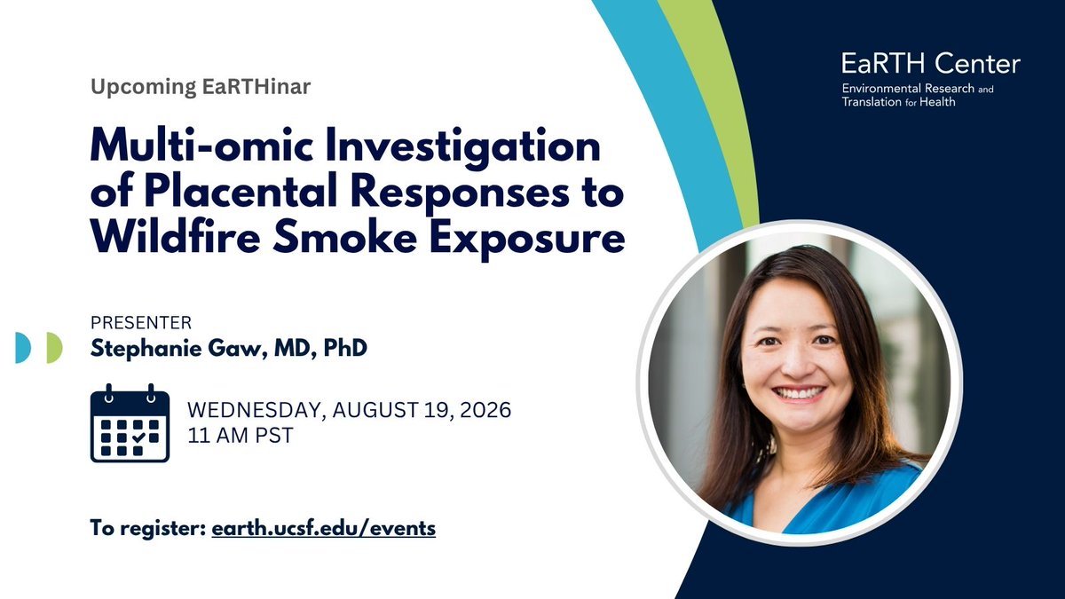 UCSF_EaRTH's tweet photo. 📢 Upcoming EaRTHinar! Join us on Wednesday, August 19 at 11 AM PT for a presentation by Dr. Stephanie Gaw on how wildfire smoke exposure may affect placental function and what multi-omic research is revealing about maternal and fetal health. Register at https://t.co/TW9LNJYvkf https://t.co/dUbsrIoA3T