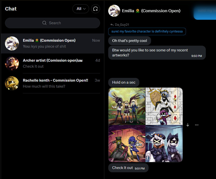 dogwithsocks21's tweet photo. you can probably tell i dont get messaged from people at all when the (probably) same scammer is messaging me trying to get money out of me  

Please just block these people they steal art and make it seem like you will get a hella good commision for just 10$🙃 https://t.co/RB4v9u2K2Q