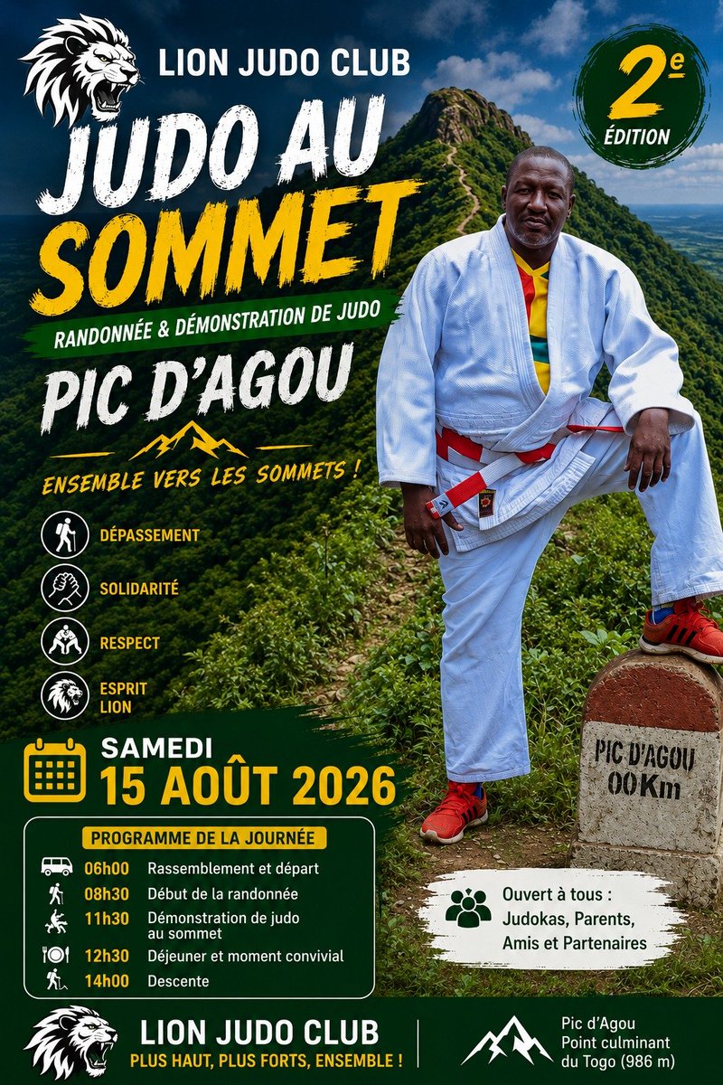 LIONJUDOCLUB's tweet photo. Bon mois d'août ! ☀️
 Envie de bouger et de vivre une expérience unique ?
Rejoignez le Lion Judo Club le 15 août pour "Judo au Sommet" 🏔️ — randonnée + démo de judo au Pic d'Agou.
 Ouvert à tous ! Inscriptions avant le 09/08/2026 👉 93948166: MixxbyYas https://t.co/F3YZ6VP371