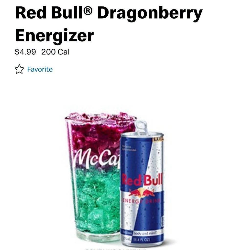 snackolator's tweet photo. McDonald's x Red Bull is ALMOST here - the new Dragonberry Energizer is going nationwide in both regular and zero sugar!

It mixes Red Bull with blue raspberry and then is topped with Dragonfruit pieces and looks stunning for a fast food drink.

Speculated to drop August 17th - are you going to try it?