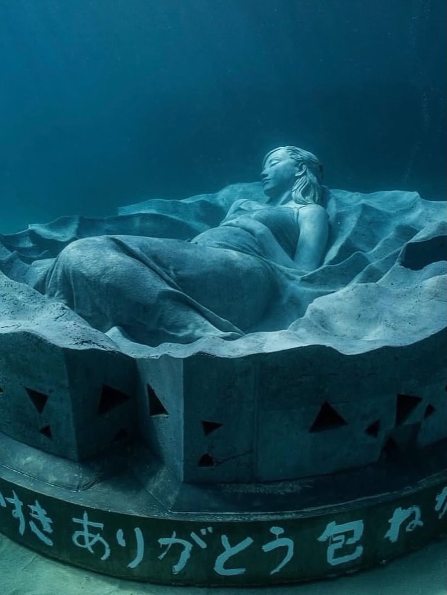 historyinmemes's tweet photo. Ocean Gaia is a striking underwater sculpture resting five meters beneath the surface off the coast of Tokunoshima, Japan.

These submerged environmental installations serve a unique dual purpose as both captivating works of public art and thriving artificial reefs. By placing monumental concrete sculptures beneath the sea, artists intentionally merge human creativity with the natural world, creating spaces where art and marine ecosystems coexist.

As the years pass, the ocean gradually transforms each sculpture. Coral, algae, and marine life colonize their surfaces, turning once-static artworks into vibrant underwater habitats that continually evolve, illustrating nature’s remarkable ability to reclaim and redefine human creations.