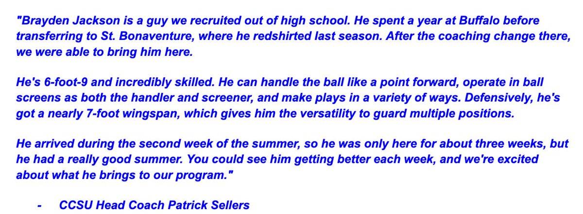 JBudzelek's tweet photo. This was off my radar until I talked with @CCSU_MBB HC Patrick Sellers today, but former Buffalo/St. Bonaventure forward🇨🇦Brayden Jackson joined the Blue Devils and will be a counted on front court piece alongside returners Mott/James/Tibby for a more skill-forward group. 

More: https://t.co/QGyd651avp