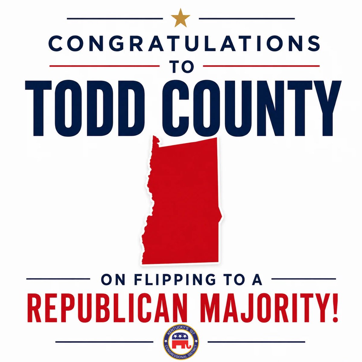 KYGOP01's tweet photo. Congratulations to the Republican Party of Todd County - KY on securing a Republican majority.

The First District is proud to celebrate this milestone with you. Onward! https://t.co/W6tlBbjTgL