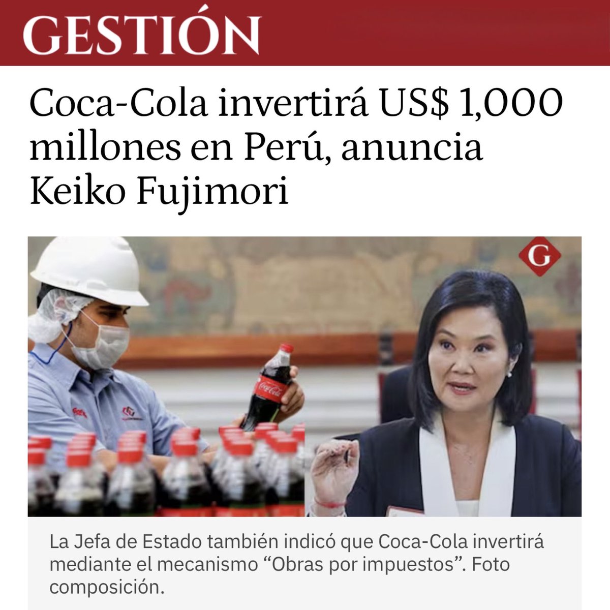 LuisPesantes's tweet photo. “Coca-Cola invertirá US$ 1,000 millones en Perú.”

— Keiko Fujimori https://t.co/BffSo0JBoP
