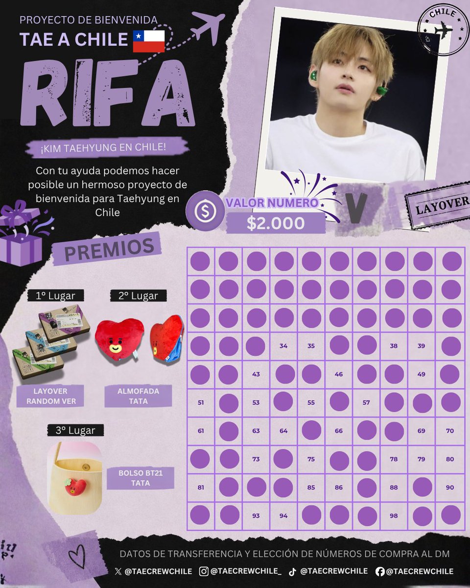 Taecrewchile's tweet photo. 🇨🇱 PROYECTO BIENVENIDA A TAE EN CHILE

ACTUALIZACIÓN

Nos quedan poquitos números disponibles!
Anímate y únete a esta hermosa iniciativa para
recibirlo con todo el cariño que merece durante su visita 💜

#kimtaehyung #taehyung #v #btsv https://t.co/NOyNlyxjxO