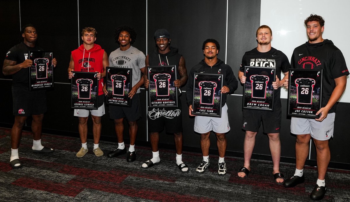 NikoPalazeti's tweet photo. At the end of our Summer Pre-Season Program, we recognize those who exemplified our Iron Standards.

These individuals consistently demonstrated unquestionable Effort, Attitude, Toughness, and Leadership. Their actions reflected a commitment to the standard and the Team.

Congratulations to our 2026 Summer Pre-Season Iron Bearcats recipients. Thank you for setting the standard this summer!

The focus shifts to Fall Camp.
Embrace the Race. 🐾

#TheStrongShallReign x #Bearcats