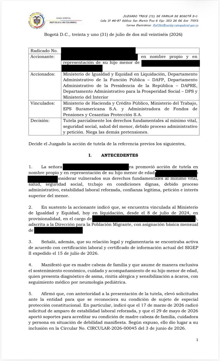 SUNETBogota's tweet photo. Fallo de tutela en favor de trabajadora de @MinIgualdad_Col ORDENA a la entidad comunicar clara y documentada la situación administrativa y verificar salarios, prestaciones y aportes a seguridad social.

El silencio del Gobierno Nacional y del ente liquidador ha sido lamentable https://t.co/wTAxxwnJZ7