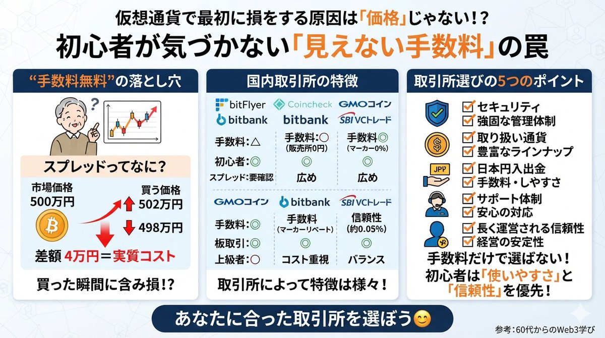 shigeru135's tweet photo. 仮想通貨を始める人の多くが、最初に損をする原因を知っていますか？

実は「価格」ではありません。

手数料です。

しかも厄介なのは、自分では手数料を払っていることに気づいていない人が少なくないこと。

60代からWeb3を学んでいる私も、最初は「手数料無料」と書いてあれば、お得なんだと思っていました。

でも調べてみると、そこには初心者ほど気づきにくい落とし穴がありました。

👇

「手数料無料」と表示されていても、本当に無料とは限りません。

その理由がスプレッドです。

スプレッドとは「買値」と「売値」の差額のこと。

例えば、市場価格が500万円のビットコインでも、

✅買値：502万円
✅売値：498万円
となっていることがあります。

この差額4万円が実質的な手数料です。

つまり買った瞬間に評価額が下がり、すでに含み損からスタートするケースもあります。

これが「見えない手数料」です。

では国内の主要取引所はどう違うのでしょうか？

🔹bitFlyer
・取引手数料：約0.1〜0.15%
・知名度が高く初心者にも人気
・スプレッドも確認が必要

🔹Coincheck
・取引手数料無料（販売所）
・初心者には使いやすい
・ただしスプレッドが広めになることもあり、実質コストは高くなる場合があります。
🔹GMOコイン
・Maker：0%
・Taker：0.05%
・板取引を使う人には人気
🔹bitbank
・Maker：-0.02%
・Taker：0.12%
Makerがマイナスということは、注文を板に並べることで手数料を受け取れる「メイカーリベート」があります。

コストを抑えたい人には魅力です。
🔹SBI VCトレード
・約0.05%
・SBIグループの安心感
・低コストと信頼性のバランスが魅力
でも、ここで勘違いしてはいけません。
「手数料が安い＝最高の取引所」ではありません。

本当に見るべきポイントは、
✅セキュリティ
✅取り扱い通貨
✅日本円の入出金のしやすさ
✅サポート体制
✅長く運営される信頼性
この5つです。
手数料だけで選ぶのは、ホテルを「宿泊料金だけ」で決めるようなもの。

実際に使ってみると、使いやすさやサポートの差は想像以上に大きいです。
最近は大手金融機関も暗号資産市場へ本格参入を進めています。
今後は取引所同士の競争がさらに激しくなり、

・手数料の引き下げ
・サービスの充実
・セキュリティ強化

が進む可能性があります。

一方で競争に勝てない取引所が撤退する可能性もあるため、
「5年後も安心して使える会社か」
という視点も大切です。
私が初心者の方におすすめしたいのは、

最初は**「使いやすさ」と「信頼性」**を優先すること。

手数料の最適化は、板取引やMaker・Takerの仕組みを理解してからでも遅くありません。

慣れてきたら、

✅積立用
✅売買用
というように、2〜3社を使い分ける人も多いです。
口座開設は無料なので、比較できる環境を作っておくことは大きなメリットになります。
📌今日のポイント
✅「手数料無料」でもスプレッドという実質コストがある場合がある

✅Maker・Takerを理解すると長期的なコストを抑えやすい

✅取引所選びは手数料だけでなく、セキュリティ・使いやすさ・取扱通貨まで含めて判断することが大切

仮想通貨は「何を買うか」ばかり注目されます。

でも実際には、「どこで買うか」で数年後の資産に大きな差が生まれることもあります。

焦らず、自分に合った取引所を選びたいですね😊

あなたは最初に口座を作った取引所を覚えていますか？
そして今選び直せるなら、同じ取引所を選びますか？