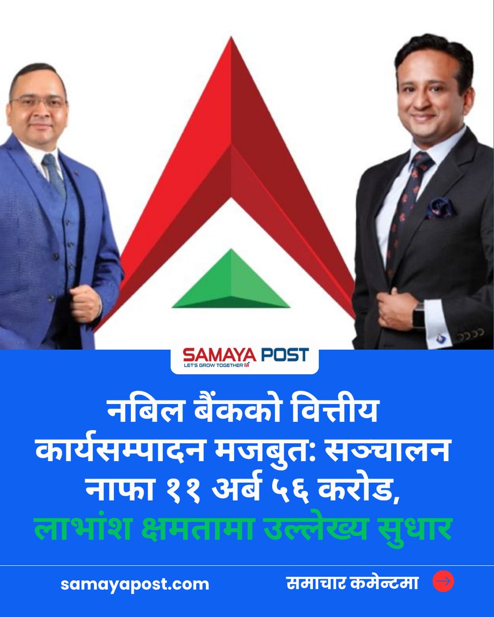 samayapost's tweet photo. नबिल बैंकको वित्तीय कार्यसम्पादन मजबुत:सञ्चालन नाफा ११ अर्ब ५६ करोड, लाभांश क्षमतामा उल्लेख्य सुधार https://t.co/ANGnY1Kz4F
#NabilBank #Q4Report #NepalShareMarket #NEPS #NetProfitGrowth #DistributableProfit #EPS #FinancialPerformance #SamayaPost @nabilbank https://t.co/z598AOqwwO