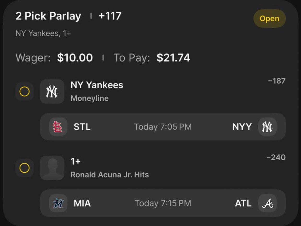 havanurrblc's tweet photo. 🪜LADDER CHALLENGE🪜
$10➡️$10,000 IN 10 PLAYS💰

- PLAY 1 -
⚾️ NY Yankees ML
⚾️ Ronald Acuña 1+ Hit
(+117) $10➡️$21.74 

WE GO AGAIN‼️
Get The Bets In, Climb Time🤑
#GamblingX #LadderChallenge @Playbook https://t.co/z7scsYfJB9