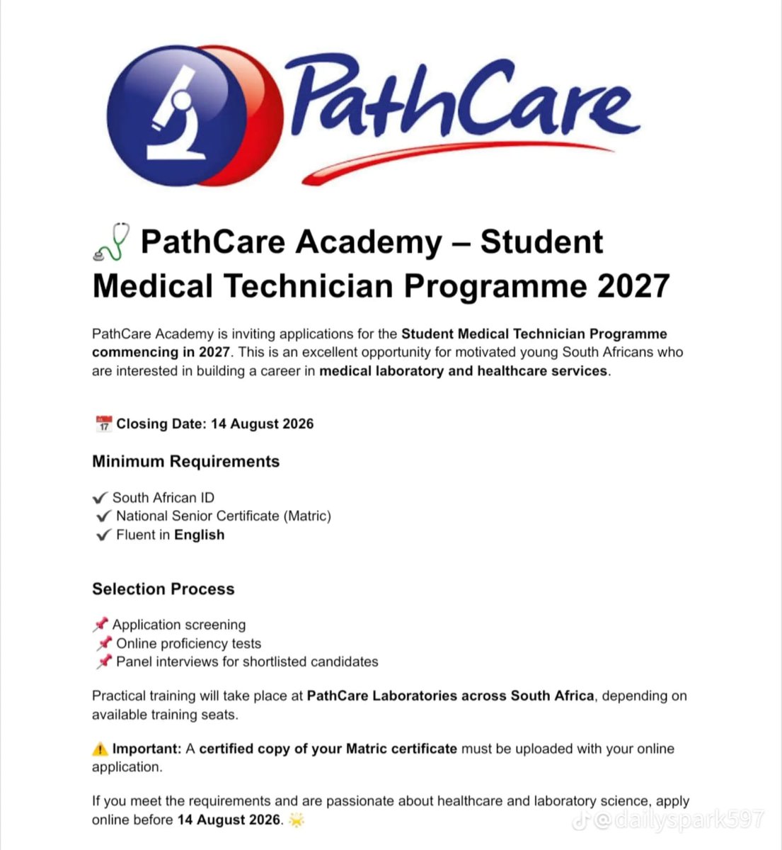 littlemoon49's tweet photo. Student Medical Technician Programme – PathCare Academy 

 apply for the Medical Technician Programme commencing in 2027.

Apply Here: https://t.co/m3iTptn7Bc https://t.co/Vi1wm89CFN