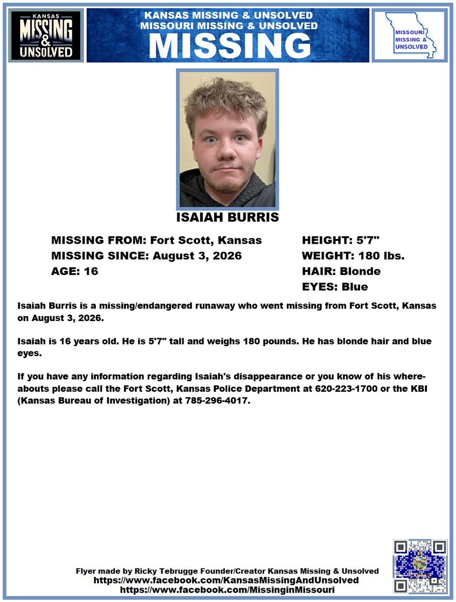 KansasMissing's tweet photo. #MISSINGPERSON #MISSING PLEASE SHARE/PRINT/POST!!! ISAIAH BURRIS (FORT SCOTT, KANSAS)!!!

#KansasMissing 
#KansasMissingPerson
#MissingInKS 
#MissingInKansas 
#MissingKansan 
#FortScott 
#Kansas
@AnnetteLawless https://t.co/lAEbAgyVQv
